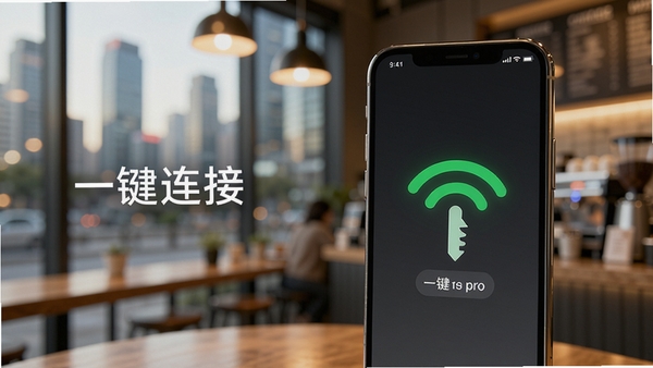万能钥匙pro主界面展示,一部智能手机屏幕显示信号连接成功的绿色图标,背景是模糊的现代城市咖啡馆环境,暖色调光线,手机位于画面中央偏右,左侧留白区域标注“一键连接”字样,画面清晰明亮,科技感与生活气息融合