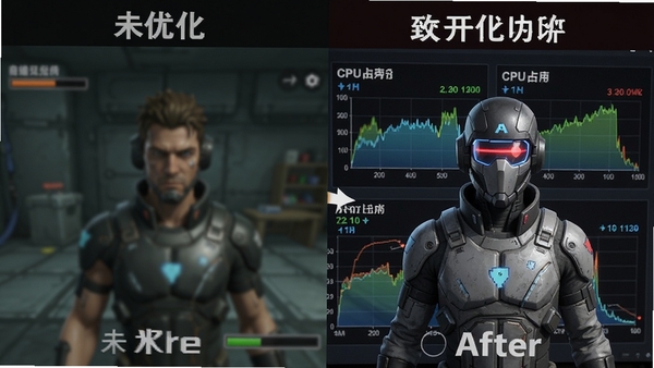 致命解药(Winlator模拟器)游戏画质对比示意图,左半部分是未开启优化时的模糊画面,右半部分是开启优化后的清晰画面,背景为性能监控图表,显示帧率与CPU占用率,风格写实,对比强烈,适合用于评测文章
