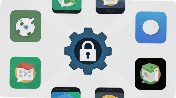 隐藏计算器Cyber应用隐藏的应用锁定功能示意图,画面中央是一个带锁的齿轮图标,周围环绕着多个手机应用图标,采用扁平化设计风格,色彩明快,背景为浅灰色,突出功能主题。