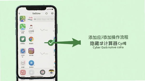 隐藏计算器Cyber应用隐藏的添加应用操作流程,手机屏幕显示应用列表勾选界面,背景为淡绿色,画面简洁,操作指引箭头清晰可见,风格清新自然。