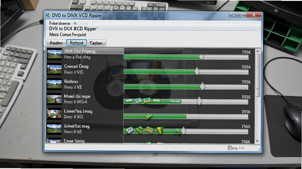 DVD to DIVX VCD Ripper批量转换任务列表界面,多个视频文件排队显示进度条,背景为浅灰色工作台,强调多任务并行处理能力。