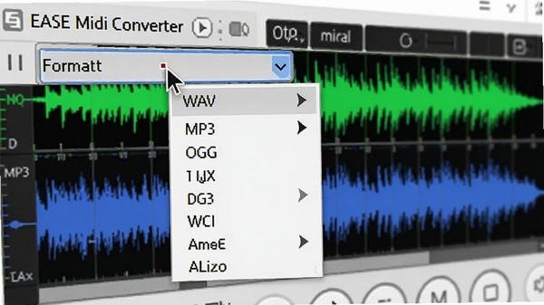 EASE Midi Converter������һ�����ڽ��и�ʽת���Ĳ���������д�����ָ����ͣ�ڸ�ʽѡ�������˵��ϣ��˵�����ʾWAV��MP3��OGG��ѡ������������Ĳ�����ʾ��������ɫ����ɫ����Ƶ����ͼ����������������ͻ������ѡ����̡�