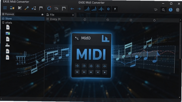 һ����ΪEASE Midi Converter�����ָ�ʽת���������棬��������ʾ���Ĺ��������ļ��б�����������ɫרҵ��Ƶ����վ�����Ļ������һ��������ʾ��MIDI�ļ����ڱ�ת������Χ���������������������ĳ���ͼ�Σ�����ɫ��������ɫΪ����ͻ��������רҵ�ԺͿƼ��С�