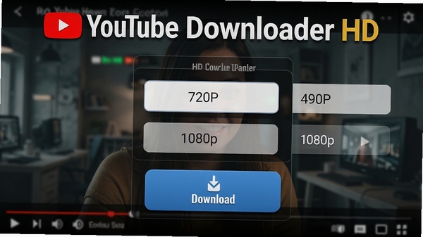 YouTube Downloader HD 高清下载功能示意图,画面中显示分辨率选择菜单,包含 720p、1080p 等选项,背景为视频播放界面,突出软件名称和下载按钮,风格写实清晰。