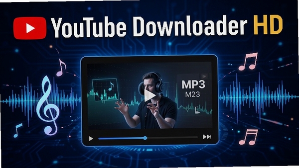 YouTube Downloader HD 音频提取功能展示,画面中显示视频正在转换为 MP3 文件,周围有音乐符号和音波图形,背景为深蓝色科技感风格,突出软件名称和转换过程。