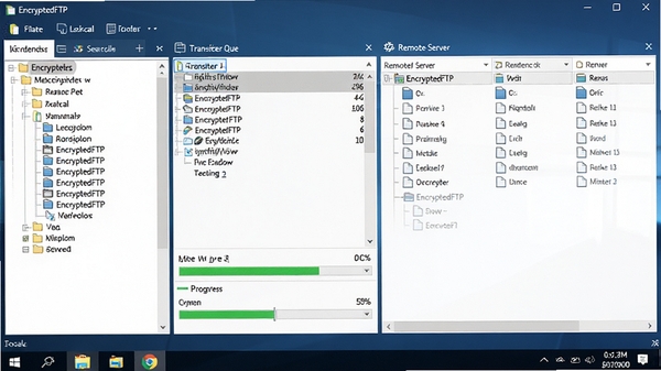 EncryptedFTP�������ͼ��չʾ����������Windows�����ϵ����岼�֣����Ϊ�����ļ�Ŀ¼�����Ҳ�ΪԶ�̷������ļ��б����м�������ʾ������кͽ�����������Ϊ��������ɫ�����񣬽���Ԫ�������ɼ������廭������רҵ