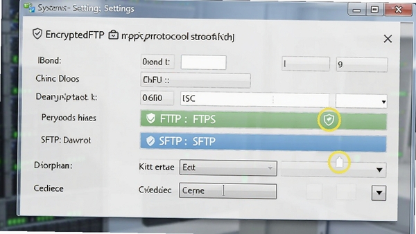 EncryptedFTP����Э�����ý��棬չʾFTPS��SFTP����Э��ѡ�����Ϊϵͳ���ô��ڣ������˿ںš����ܷ�ʽ��֤��ѡ�����ϸ������������ǳ��ɫ���������������ص�ͻ���������ӵİ�ȫ��ʶ