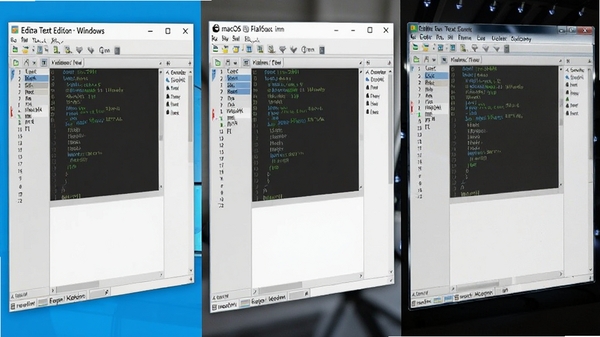 Editra�ı��༭����Windows��macOS��Linux������ͬ����ϵͳ�ϵ����н��沢�ŶԱ�ͼ����ʾ��ͬ�Ĳ˵������༭����״̬�����֣�ǿ����ƽ̨һ����