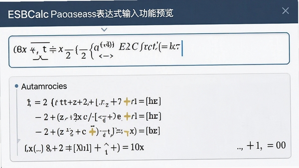 ESBCalc表达式输入功能预览图,显示输入框中包含数学公式,下方自动显示计算过程和结果,界面风格清爽专业