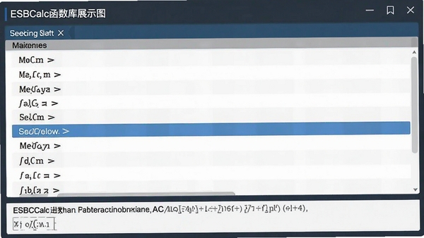 ESBCalc函数库展示图,界面中函数列表展开,显示分类清晰,选中函数时底部有说明文字,整体风格专业