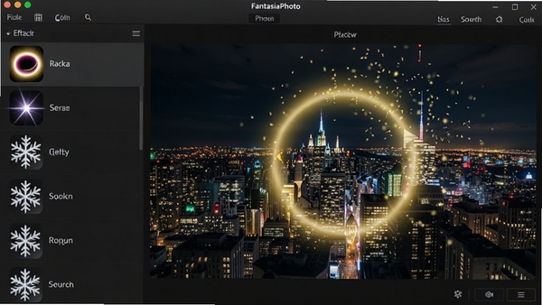 չʾFantasiaPhoto������������Ч��Ľ��棬���Ϊ��Ч�б����������Ρ���â��Ʈѩ��ѡ��Ҳ�Ԥ������ʾһ�ų���ҹ����Ƭ�ϵ����˽�ɫ������Ʈɢ���Ӻ��Ч������������ɫ����Чͼ�꾫�£������Ӿ������ǿ