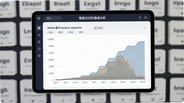 E成英语单词学习机软件内部的智能记忆曲线分析界面,展示单词复习频率的动态调整过程,数据可视化图表清晰明了,背景有模糊的单词卡片墙
