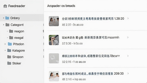 Feedreader订阅管理界面,左侧边栏展示多个分类文件夹,右侧显示未读文章列表,每条标题下方带来源与时间,整体布局整洁