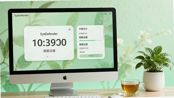 EyeDefender软件主界面预览图,展示简洁的计时面板与提醒设置选项,背景为柔和的护眼绿色调,桌面电脑屏幕前摆放一杯清茶与绿植,整体风格清新自然,突出用眼健康主题