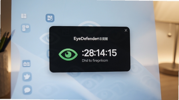EyeDefender休息提醒弹窗特写,屏幕中央显示绿色眼睛图标与倒计时休息时间,桌面背景为淡蓝色渐变,周围环境光线柔和,符合护眼场景
