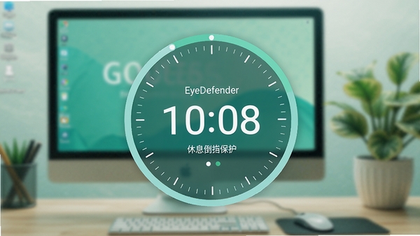 EyeDefender软件主界面预览图,画面中央为简洁的计时圆环与休息倒计时数字,背景是模糊的电脑桌面与绿色植物,整体色调清新护眼,风格扁平化现代感,突出视力保护主题,高分辨率渲染