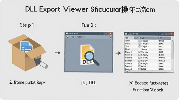 һ�Ź���DLL Export Viewer�����������̵�˵��ͼ�������Ϊ�������裬��һ����ʾ��ѹ������ѹ�ļ����ڶ�����ʾ��קDLL�ļ����������ڣ���������ʾ�����гɹ��г�������Ϣ��������Ϊ��ƽ��ͼ��Ӽ������˵��������Ϊǳ��ɫ��ɫ��ͳһ