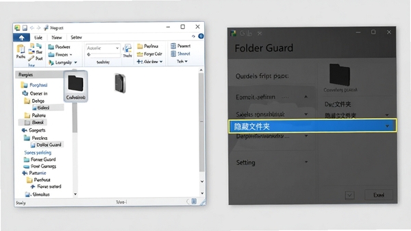 Folder Guard隐藏文件夹功能演示图,图像左侧显示一个资源管理器窗口,其中看不到被隐藏的文件夹,右侧为Folder Guard的设置界面,高亮显示“隐藏文件夹”选项,背景为浅灰色,突出对比效果