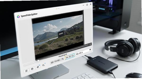 Boogu生图提示词:一款名为SpeedVideoSplitter的视频分割软件在电脑屏幕上运行的界面特写,界面简洁明亮,主窗口显示视频预览区域和精确的时间码输入框,背景是模糊的现代工作台,桌上摆放着外接硬盘和耳机,画面风格写实且富有科技感,突出软件对视频处理的专业性与便捷性