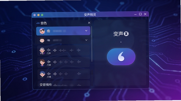 变声精灵主界面预览图,展示软件主窗口、音色列表、变声开关按钮,背景为深色渐变科技感风格,界面元素清晰,整体色调为蓝紫色,画面干净无杂物