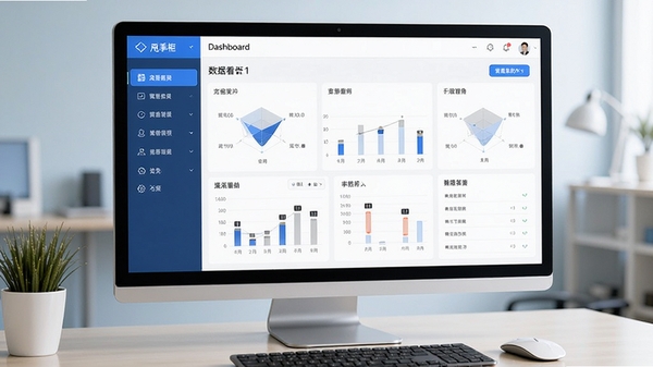 甩手掌柜网店管理软件主界面预览图,展示清晰的左侧功能导航栏和右侧数据看板区域,整体风格简洁现代,色彩搭配以蓝白为主,背景为干净的电脑桌面环境