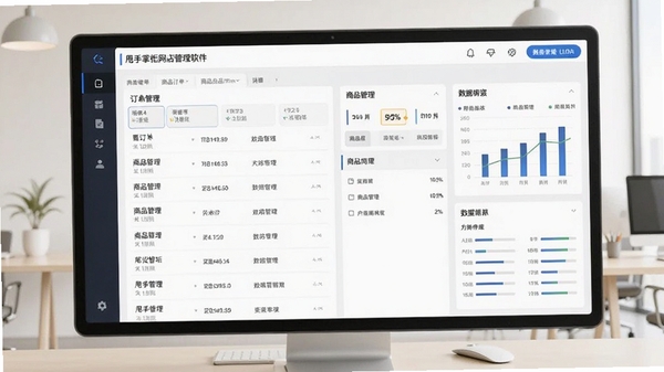 甩手掌柜网店管理软件主界面截图,展示清晰的订单列表、商品管理、数据图表等模块,背景为浅色办公环境,整体风格简洁现代