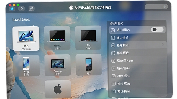 极速ipad视频格式转换器格式选择界面,展示多种苹果设备预设选项和输出格式列表,界面设计直观,背景干净整洁,强调软件的易用性和专业性