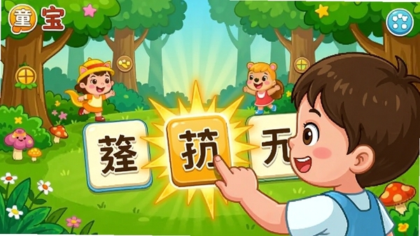ͯ���׶�����ʶ�ֻ�����Ϸ���棬��Ļ���ж�����ֿ�Ƭ��һ���������ڵ����ȷ�Ŀ�Ƭ����Ƭ������ɫ��â�������ǻ��ֵ�ɭ����԰��ɫ�ʻ���