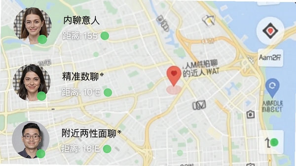 附近两性面聊的附近人列表截图,展示用户头像、昵称、距离和在线状态,背景为城市地图,突出地理位置精准匹配功能,画面清晰明亮