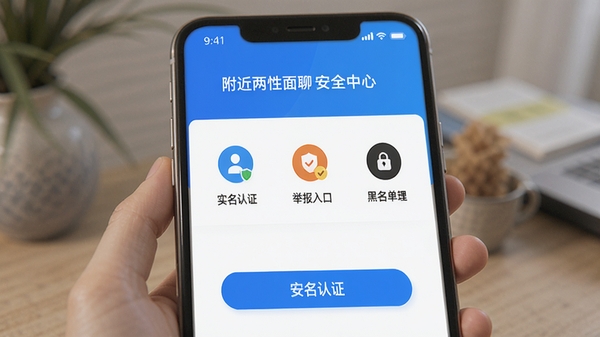 附近两性面聊安全中心界面,展示实名认证、举报入口、黑名单管理等安全功能图标,色调以蓝色为主,传达安全可靠的感觉,界面清晰易操作