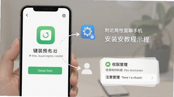 附近两性面聊手机安装教程示意图,手机屏幕显示应用安装界面,旁边有设置图标和权限管理选项,背景简洁,突出安装步骤和注意事项