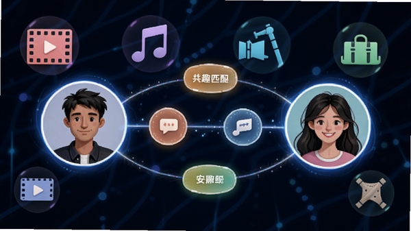 附近两性面聊兴趣匹配功能展示图,两个用户头像通过共同兴趣标签连接,背景有电影、音乐、旅行等图标元素,体现智能匹配理念,画面富有科技感