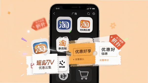 广淘云集功能展示图,手机界面显示各大电商平台图标与优惠券卡片叠加效果,背景为浅橙色,突出折扣标签元素