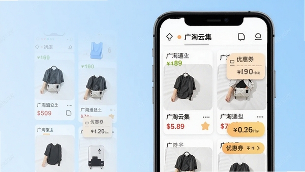 广淘云集主界面预览图,手机屏幕展示商品瀑布流列表,包含价格对比与优惠券标签,背景为淡蓝色渐变,整体风格简洁明快