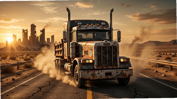 Truck Survival游戏主视觉图,一辆破旧重型卡车行驶在末日废土公路上,远处有废弃城市轮廓,黄昏光线,尘土飞扬,画面充满沧桑感与冒险氛围,主体卡车居中,背景为荒凉大地与天空,风格写实,细节丰富