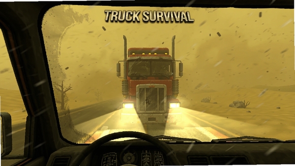 Truck Survival游戏截图,卡车在沙尘暴中艰难行驶,前灯照亮前方道路,能见度极低,画面色调偏黄,强调恶劣天气下的驾驶挑战
