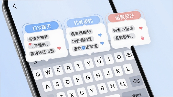 Love键盘恋爱聊天高情商回复的智能场景推荐功能界面,画面显示一个手机键盘应用,键盘上方弹出多个分类标签如“初次聊天”、“约会邀约”、“道歉和好”,每个标签下有几条高情商回复句子,界面简洁现代,背景为淡蓝色,突出智能推荐与场景分类