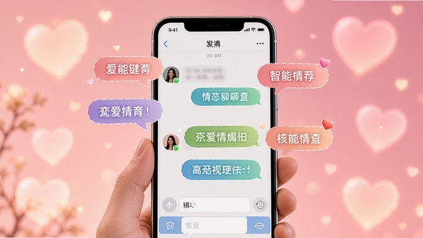 Love键盘恋爱聊天高情商回复是一款恋爱聊天辅助工具,画面中央是一部智能手机屏幕,屏幕中显示聊天界面上浮现出多个高情商回复气泡,背景是柔和的心形光斑和粉色渐变,整体风格温馨浪漫,突出智能推荐与情感辅助的主题