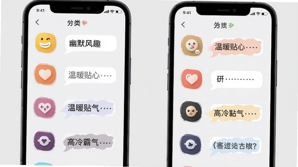 Love键盘恋爱聊天高情商回复的话术分类检索界面,画面展示一个手机应用内部分类列表,包含“幽默风趣”、“温暖贴心”、“高冷霸气”等分类图标,每个分类旁边有代表性例句气泡,背景为浅灰色,整体风格清爽,突出分类清晰与内容丰富