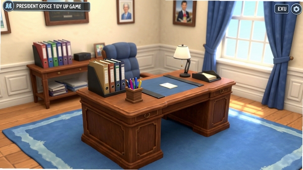 President Office: Tidy Up Game 游戏内场景截图,展示整理后的总统办公室,桌面整洁有序,文件整齐摆放在文件架上,笔筒里的笔排列整齐,地毯和窗帘颜色协调,整体环境明亮干净,给人舒适愉悦的视觉感受。