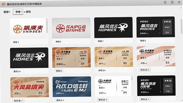 飚风信封快递单打印软件模板库界面,展示多家快递公司logo和面单样式列表,界面采用卡片式布局,背景为浅灰色