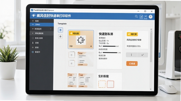 飚风信封快递单打印软件主界面预览图,展示简洁的操作面板和快递单模板选择区域,背景为干净的办公桌面,整体风格明亮清晰