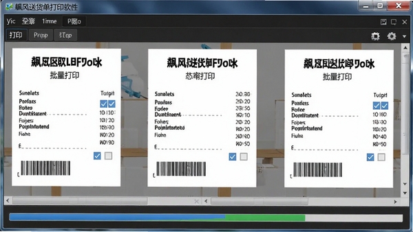 飚风送货单打印软件批量打印操作界面,显示多张单据勾选状态与打印进度条