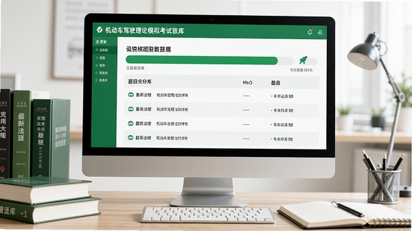 机动车驾驶理论模拟考试软件题库更新界面,展示最新法规和题目列表,背景为电脑屏幕显示数据更新进度条,周围有书本和笔记本,色调以绿色和白色为主,体现专业和可靠感,写实风格,高清渲染