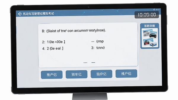 机动车驾驶理论模拟考试软件的模拟考试界面,屏幕中央显示一道选择题,下方有四个选项按钮,右上角有倒计时和答题卡,整体风格简约,色彩以浅灰色和蓝色为主,模拟真实考试场景,画面具有科技感,高清细节