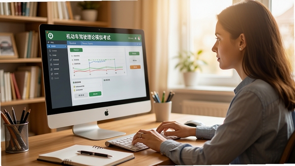 机动车驾驶理论模拟考试软件使用场景图,一位学员正坐在电脑前认真答题,屏幕上显示着软件界面,桌面上放着笔记本和笔,背景是明亮的书房,整体色调温馨,人物动作专注,画面写实,细节丰富,突出学习氛围