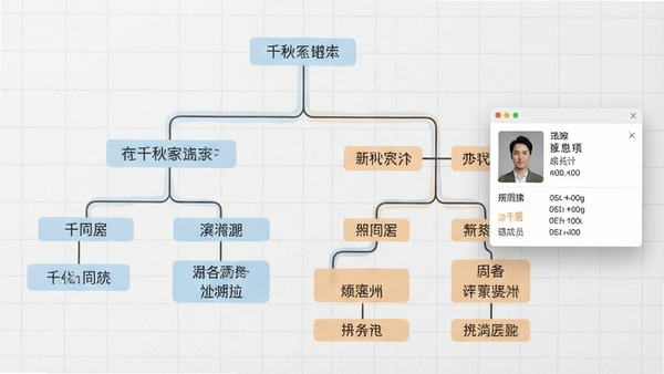 千秋家谱世系树状图功能特写,画面中央展示多代同堂的层级节点,不同房派用浅蓝与浅橙色区分,右侧浮动小窗显示选中成员的详细信息卡片,背景为简约浅灰色网格,突出线条连接关系