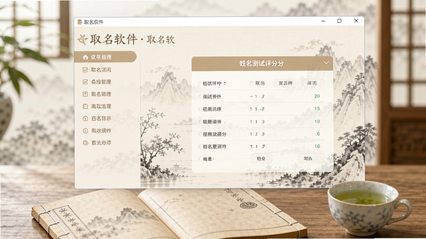 一款名为取名软件的电脑程序界面平铺展示,主窗口呈现淡雅的古典水墨画背景,左侧是清晰的导航菜单,右侧显示姓名测试评分结果,整体色调以米白与浅棕为主,屏幕前有一本打开的线装书与一杯清茶,画面明亮清晰,细节丰富