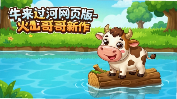 游戏主界面截图,一只卡通小牛站在河边的浮木上,河水清澈,对岸有青草和树木,画面明亮,色彩鲜艳,整体风格可爱,突出游戏名称“牛来过河网页版-火山哥哥新作”,适合作为游戏宣传图。