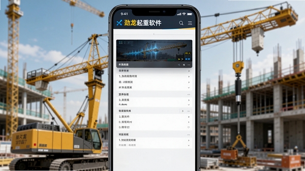 劲龙起重软件界面预览图,展示一台大型黄色起重机的设备详情页,背景为模糊的现代建筑工地,画面主体突出,色彩鲜明,科技感与工业感结合,竖版手机界面展示